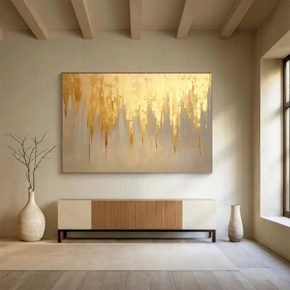 “Gold Drip Abstract” - Gold, Beige, Gray, Dripping Forms - Painting On Canvas HB1429