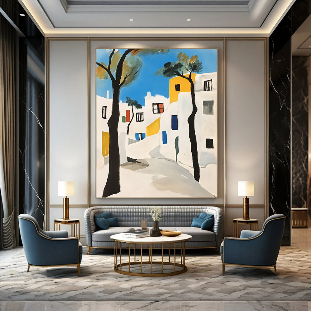 Contemporary hand-painted abstract art featuring Mykonos white buildings with black outlines minimalistic shapes and vibrant blue trees against a crisp white background. DLZ1383