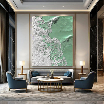 Contemporary abstract artwork inspired by vibrant waves in green and white featuring intricate textures that evoke the essence of coastal life. DLZ1228