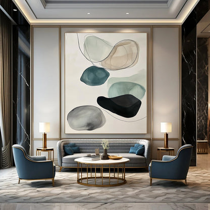 Contemporary abstract art featuring muted colors, black ink outlines, floating rocks in gray and teal on a white background. DLZ0796