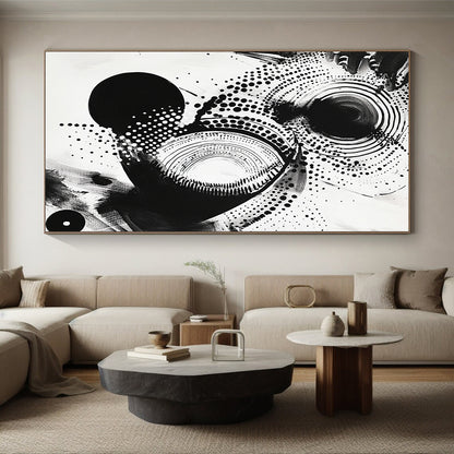 Black Circles, Dots & Curves on White - “Cosmic Ink Patterns” Painting On Canvas HB222