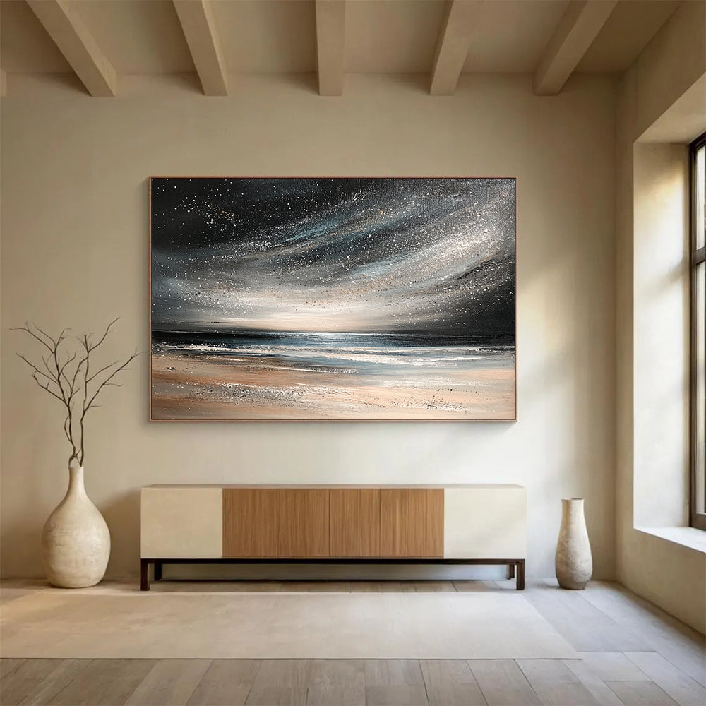 “Starry Night Beach” - Black, Silver, Beige, Celestial Seaside Scene Painting On Canvas HB1026
