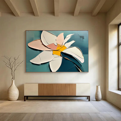 “Abstract Petal Layers” - Pink, White, Yellow, Teal, 3D - like Floral Collage Painting On Canvas HB1104