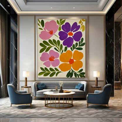 Contemporary hand-painted abstract art featuring vibrant pink and purple flowers against a white background with lush green leaves and vivid orange accents. DLZ1598