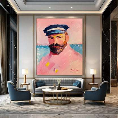 Contemporary hand-painted abstract artwork featuring a sailor in pink attire with a pastel palette and thick brush strokes against a vibrant background. DLZ1408