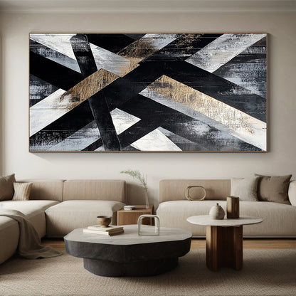 Gray, Black, White, Gold, Intertwined Stripes "Gilded Weave" Abstract Modernist Painting On Canvas HB078