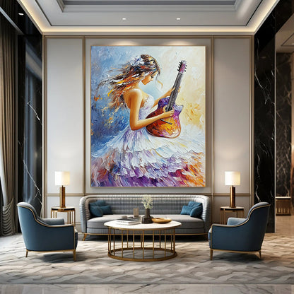 Contemporary abstract oil painting featuring a girl in a flowing white and purple dress playing guitar with vibrant colors and delicate brushstrokes. DLZ1658