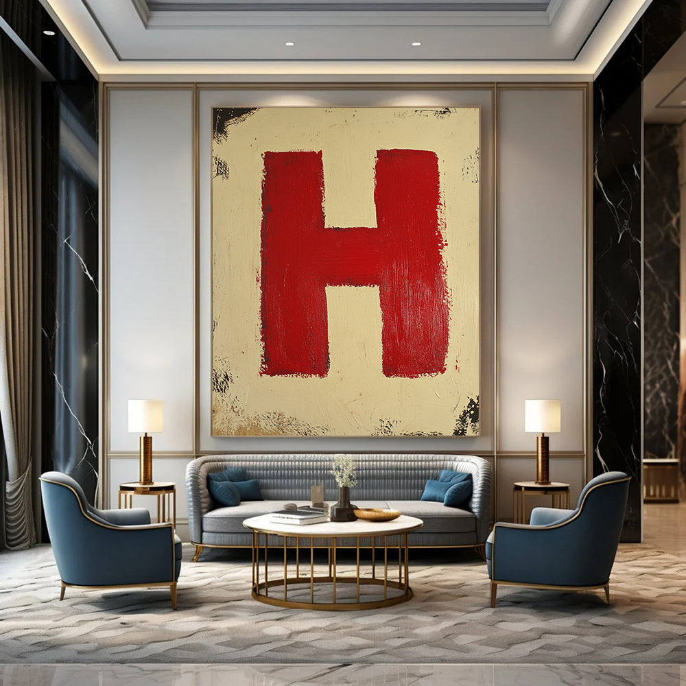 Contemporary abstract painting featuring a red square on a cream background with a striking red letter H at the center. DLZ1695