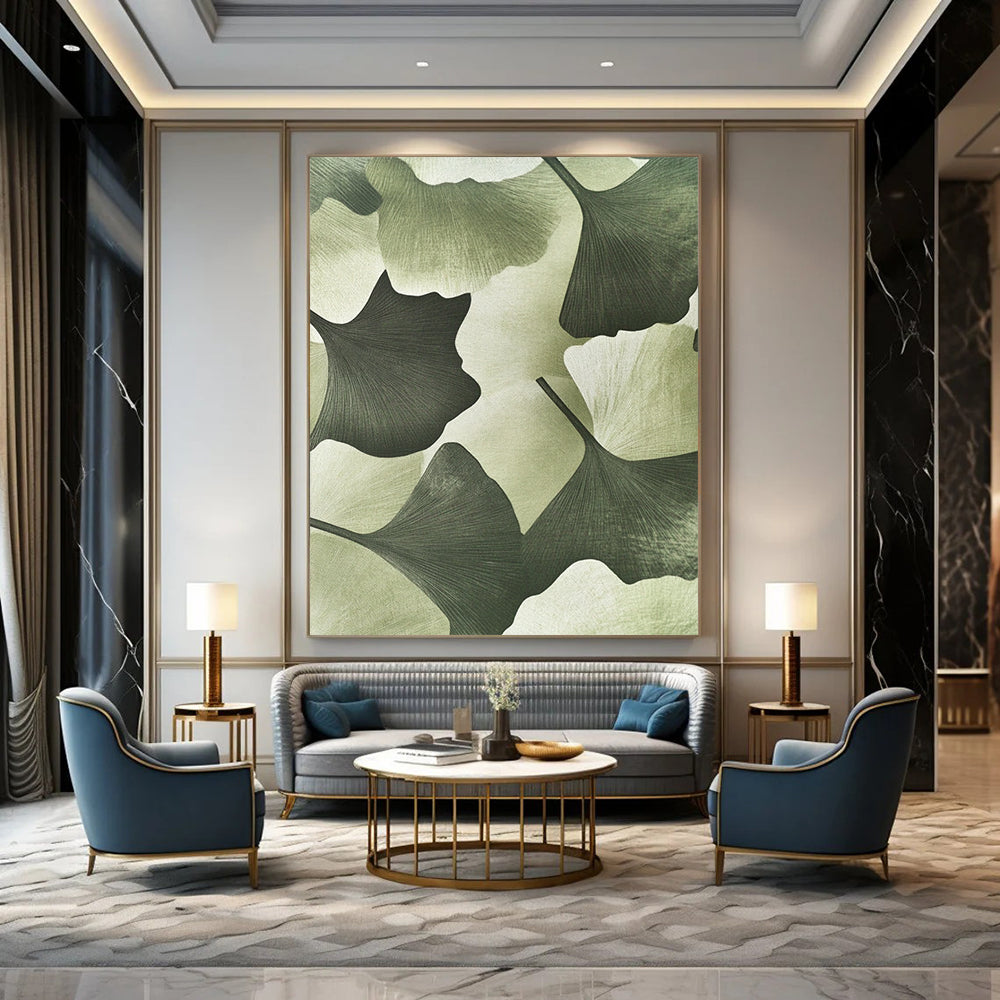 Contemporary hand-painted abstract art featuring textured ginkgo leaves in a soft green background adds depth and elegance to your outfit. DLZ1202