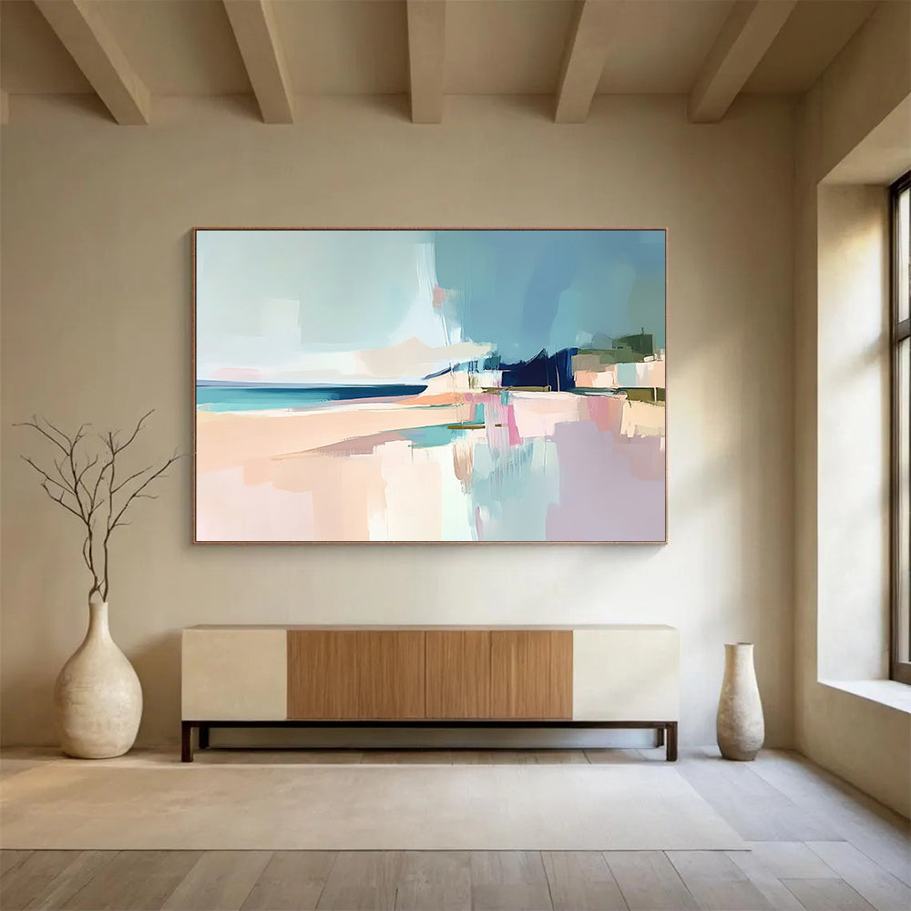 “Pastel Coastal Abstract” - Soft Blue, Pink, Beige, Abstract Beach Scene Painting On Canvas HB0980