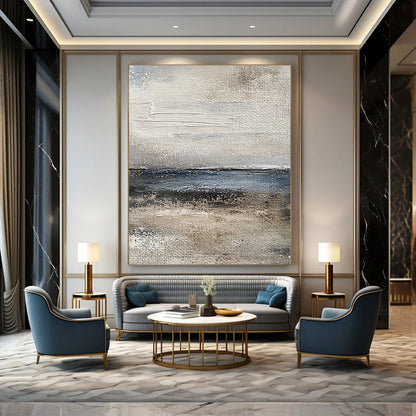 Contemporary abstract painting captures the ocean's essence with textured brushstrokes in muted gray and blue tones for a vintage feel. DLZ1077