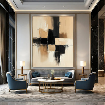 Contemporary hand-painted abstract art featuring thick brush strokes in a beige and black palette with large geometric shapes on a neutral canvas texture. DLZ0549