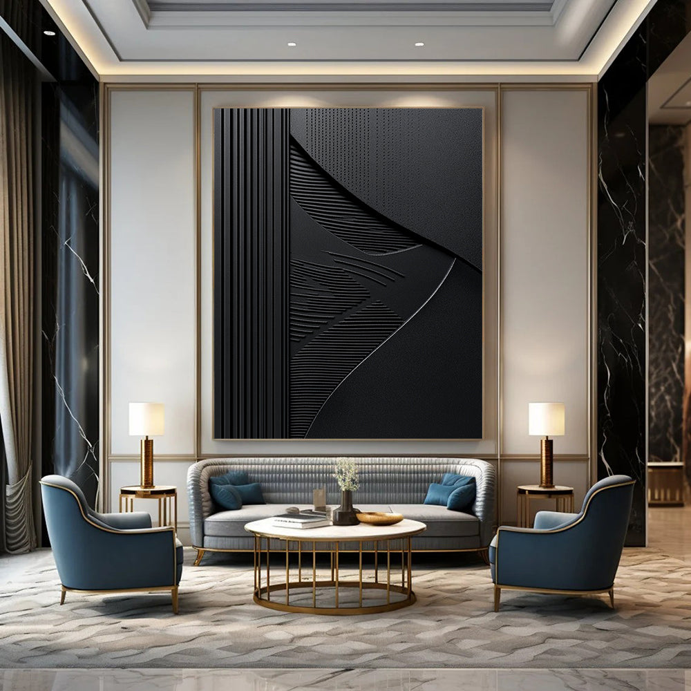 Contemporary abstract art features elegant embossed lines on a black background with balanced dark gray textures for a striking visual impact. DLZ1653