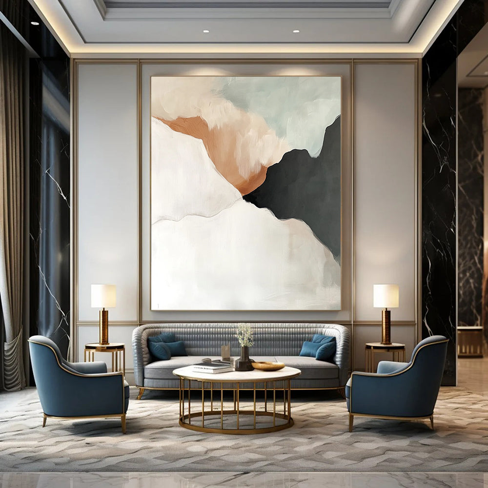 Contemporary hand-painted abstract artwork in white, grey, and beige tones with black accents, featuring fluid shapes and soft edges in light grey and amber hues. DLZ0781