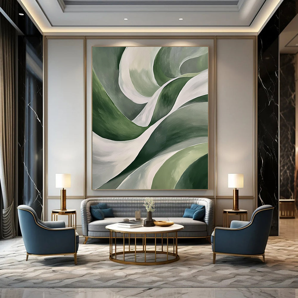 Contemporary hand-painted abstract art features smooth green leaf-like curves and white waves on a dark gray background, creating a striking visual impact. DLZ1209