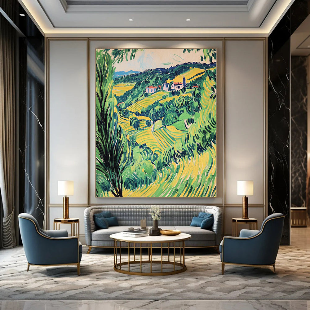 Contemporary hand-painted abstract artwork capturing a vibrant Valençay valley in green and yellow hues, showcasing a vintage style elegance. DLZ1692