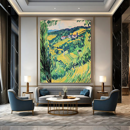 Contemporary hand-painted abstract artwork capturing a vibrant Valençay valley in green and yellow hues, showcasing a vintage style elegance. DLZ1692