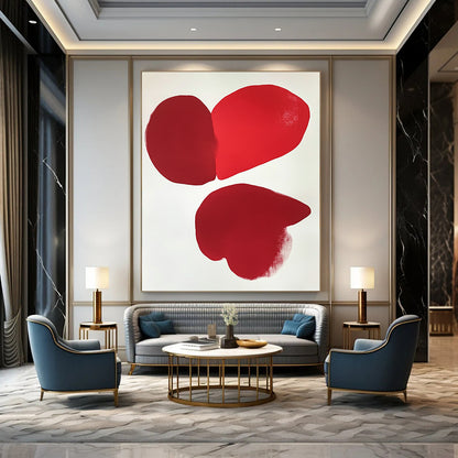 Contemporary hand-painted abstract art featuring two red hearts on a minimalistic white background inspired by Eric Carle and Jean Arp. DLZ1720