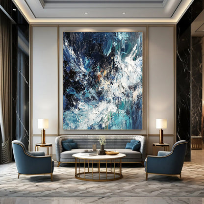 Contemporary abstract painting showcasing an ocean storm with dynamic blue and white waves using thick impasto strokes for dramatic texture and depth. DLZ0579