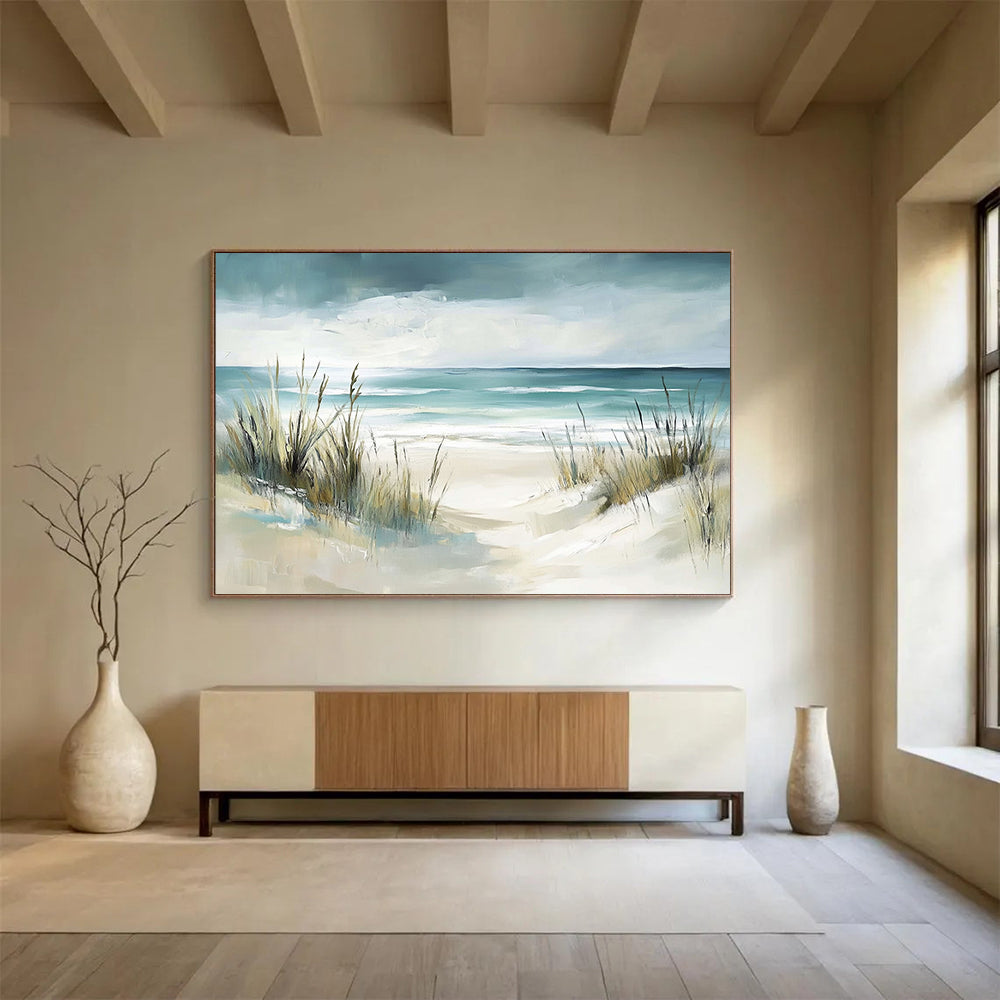 “Beach Path With Grasses” - Teal, Beige, Impressionist Beach Scene On Canvas HB0698