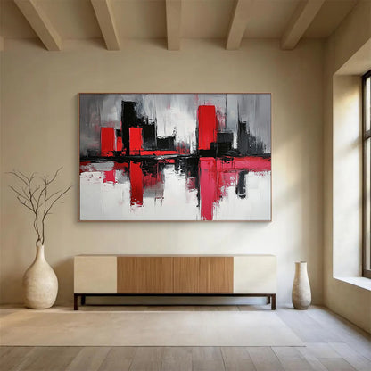 “Abstract Cityscape in Red and Black” - Red, black, white, gray; Abstract cityscape with reflection effects; Acrylic Painting On Canvas HB1272