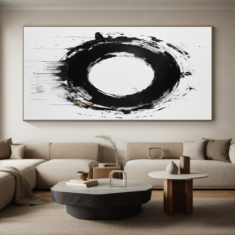 White, Black and Gold Abstract Circle "Expressive Enso" Painting On Canvas HB368