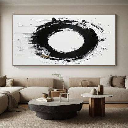 White, Black and Gold Abstract Circle "Expressive Enso" Painting On Canvas HB368