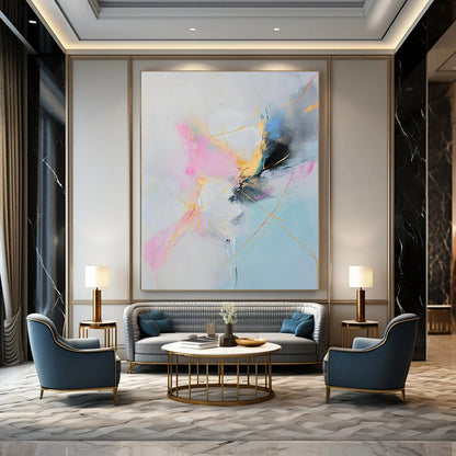 Large contemporary hand-painted abstract artwork featuring soft pastel colors and elegant golden lines in pink white blue yellow light gray and black. DLZ1061