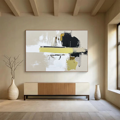 “Abstract Yellow Accent” - Beige, White, Black, Yellow, Dynamic Abstract Shapes Painting On Canvas HB0961