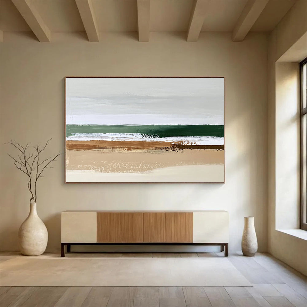 “Abstract Beach Layers” - Earthy brown, green, white, Minimalist Seascape Painting On Canvas HB0614