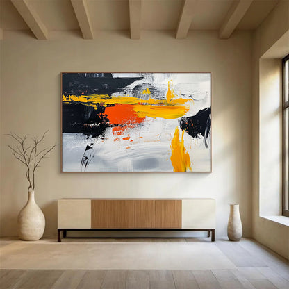 “Vibrant Yellow - Orange - Black Abstract” - Yellow, Orange, Black, Gray, White, Bold Strokes Painting On Canvas HB0812