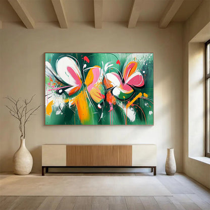 “Vibrant Floral Abstraction” - Green, Pink, Orange, Abstract Flowers Painting On Canvas HB0738