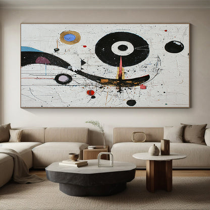 White, Black, Colorful Circles "Cosmic Carnival" Abstract Modernist Painting On Canvas HB087
