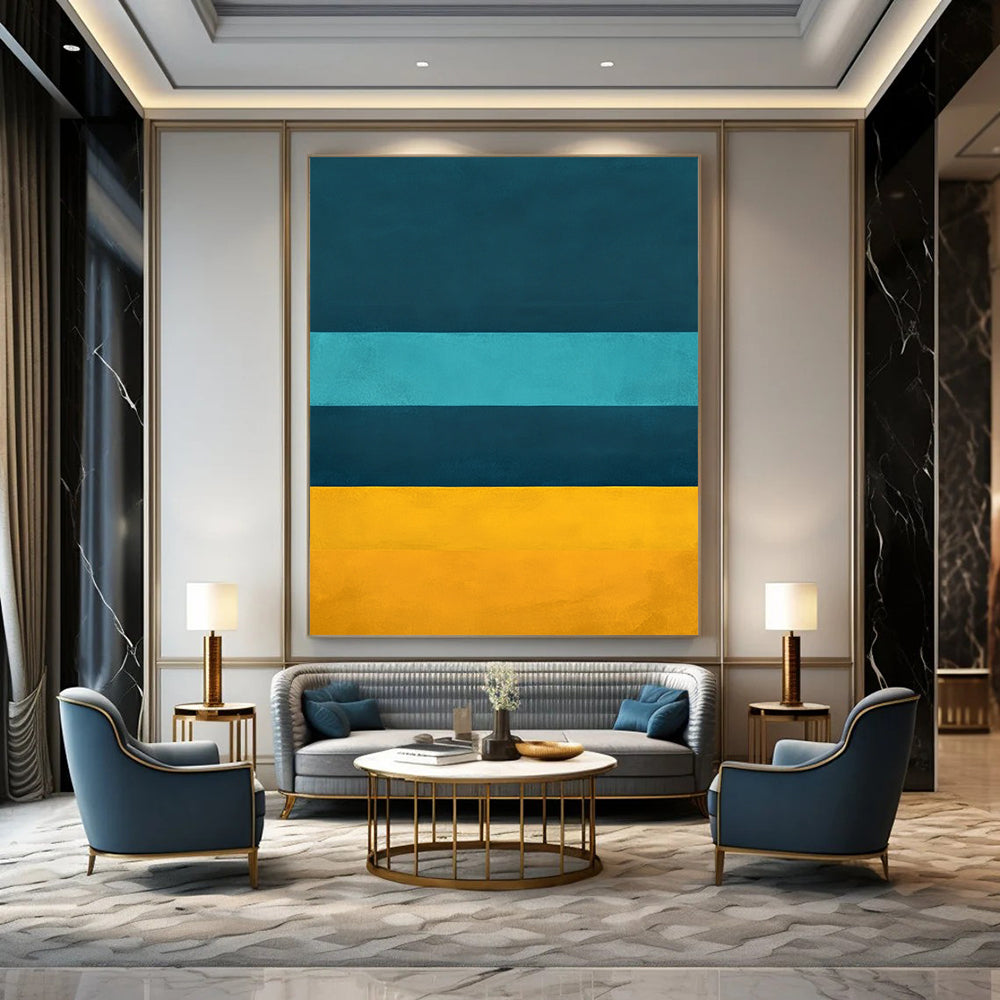 Contemporary hand-painted abstract artwork featuring deep blue teal and yellow horizontal stripes inspired by Rothko's color fields. DLZ0684
