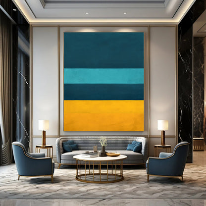 Contemporary hand-painted abstract artwork featuring deep blue teal and yellow horizontal stripes inspired by Rothko's color fields. DLZ0684