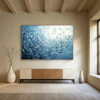 “Blue School of Fish Vortex” - Blue, Fish, Vortex Painting On Canvas HB0756