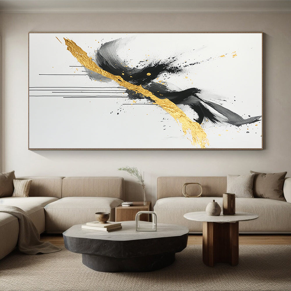 Black, White, Gold, Gray, Intertwined Swirls "Gilded Entanglement" Abstract Expressionist Painting On Canvas HB096