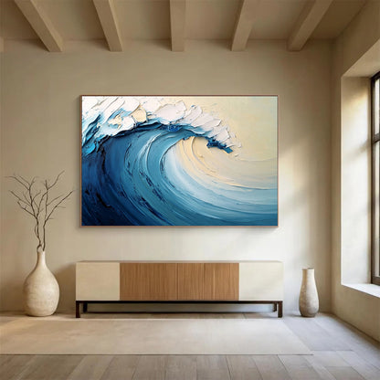 “Smooth Ocean Wave” - Blue, White, Beige, Abstract Surf - Palette Knife Oil Painting HB1505