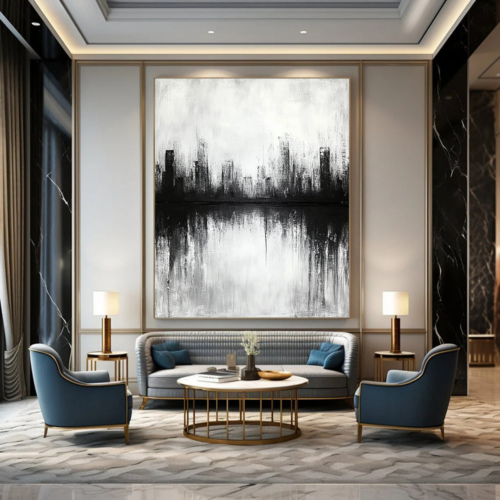 Contemporary abstract artwork featuring a cityscape with lake reflections soft focus and neutral tones creating a tranquil and contemplative atmosphere. DLZ0301