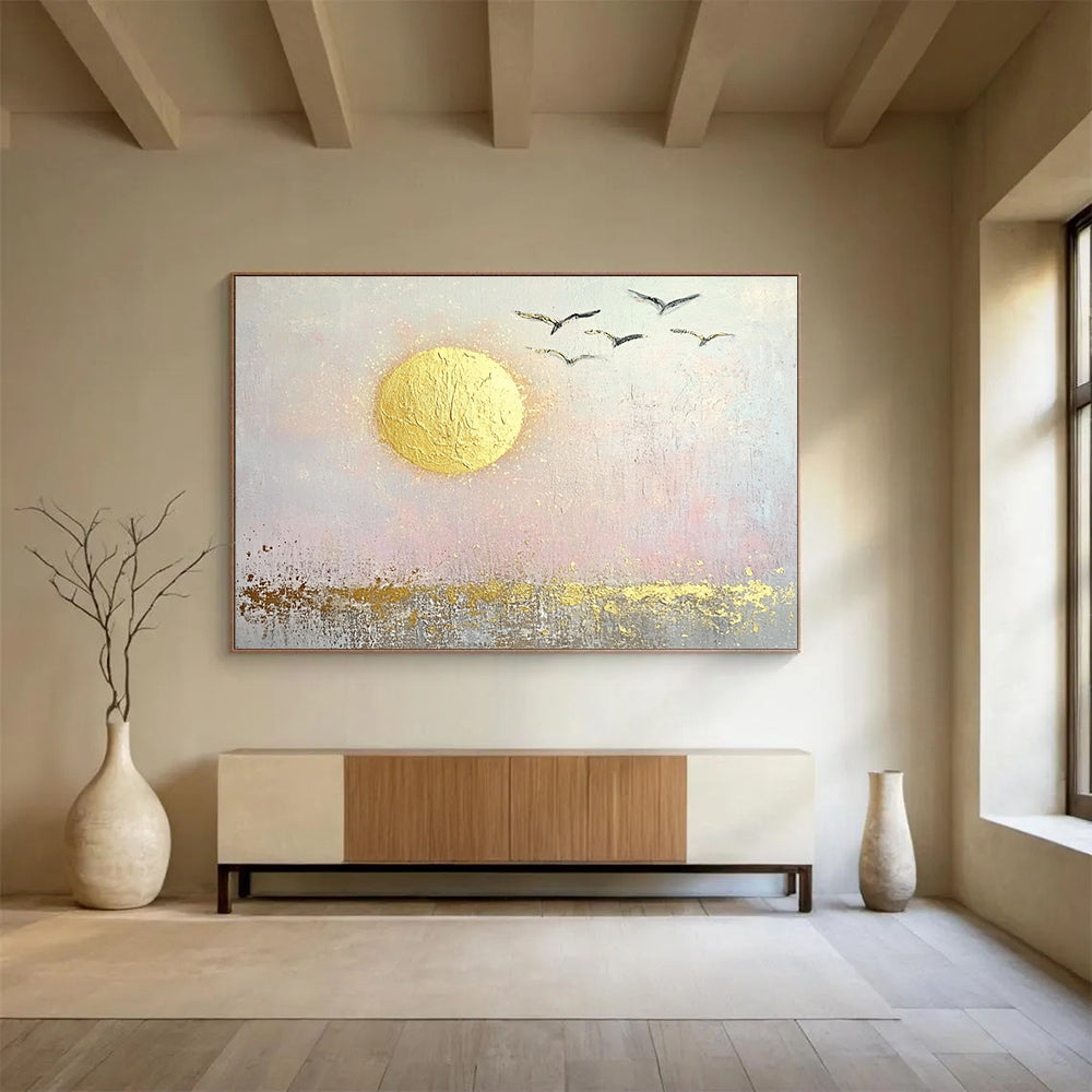“Golden Sun and Birds” - Gold, pink, gray; Abstract sun and birds; Textured Acrylic Painting On Canvas HB1194