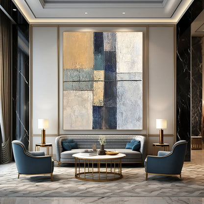 Contemporary abstract artwork featuring an ancient cross textured canvas with hand stitching in grey blue and beige tones minimalistic design. DLZ0945