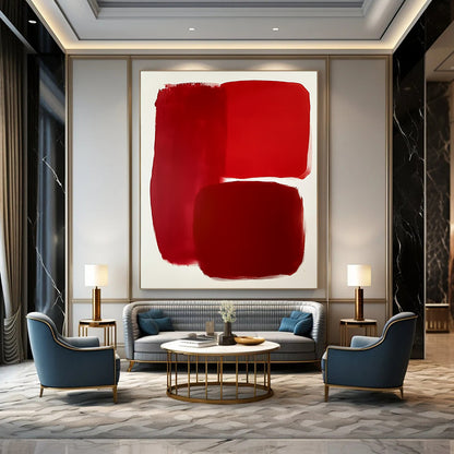 Contemporary abstract artwork featuring bold red shapes on a white background showcasing minimalist design and evocative empty spaces. DLZ1693