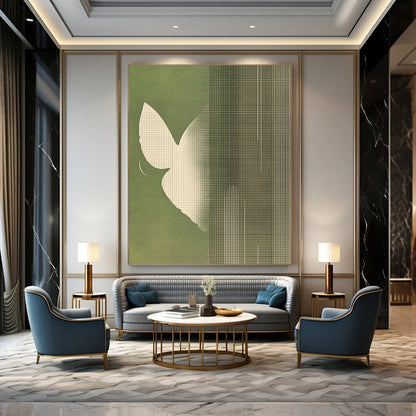 Contemporary abstract art featuring minimalist butterfly wings in white against a muted green striped background creating a serene and harmonious atmosphere. DLZ1641