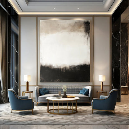 Contemporary abstract painting featuring a large central white space surrounded by dark gray and black tones creating a calm and mysterious atmosphere. DLZ0548