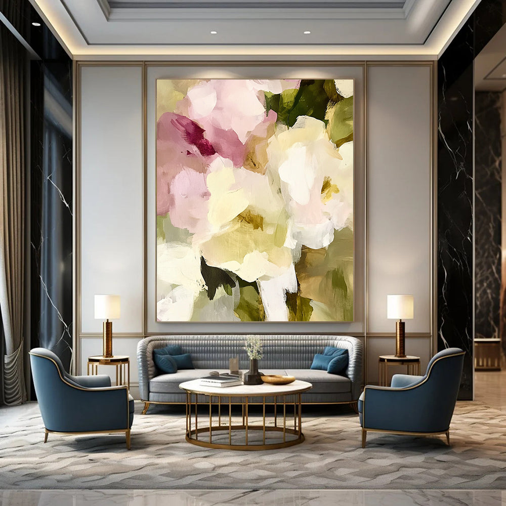 Large contemporary abstract painting featuring soft edges and blurry details with vintage floral elements in pale pink and cream tones. DLZ0379