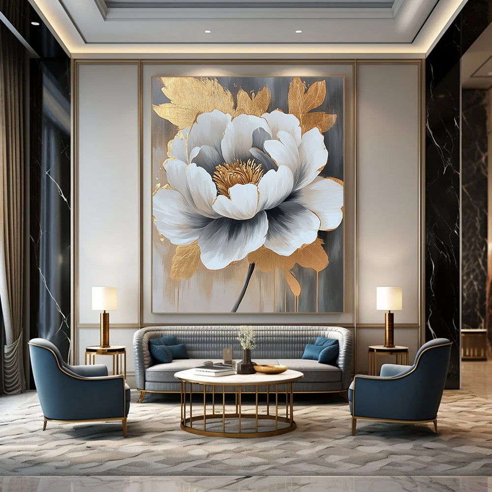 Contemporary hand-painted abstract artwork featuring a peony in gray and white with striking gold accents, perfect for modern decor. DLZ0782