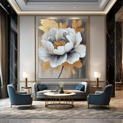 Contemporary hand-painted abstract artwork featuring a peony in gray and white with striking gold accents, perfect for modern decor. DLZ0782