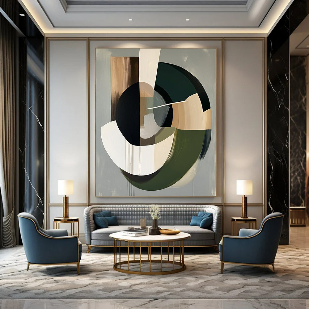 Contemporary abstract artwork features organic dark brown shapes with a grey background and soft neutral accents for a serene atmosphere. DLZ1051