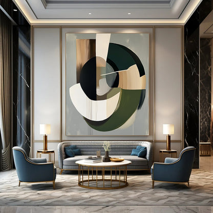 Contemporary abstract artwork features organic dark brown shapes with a grey background and soft neutral accents for a serene atmosphere. DLZ1051