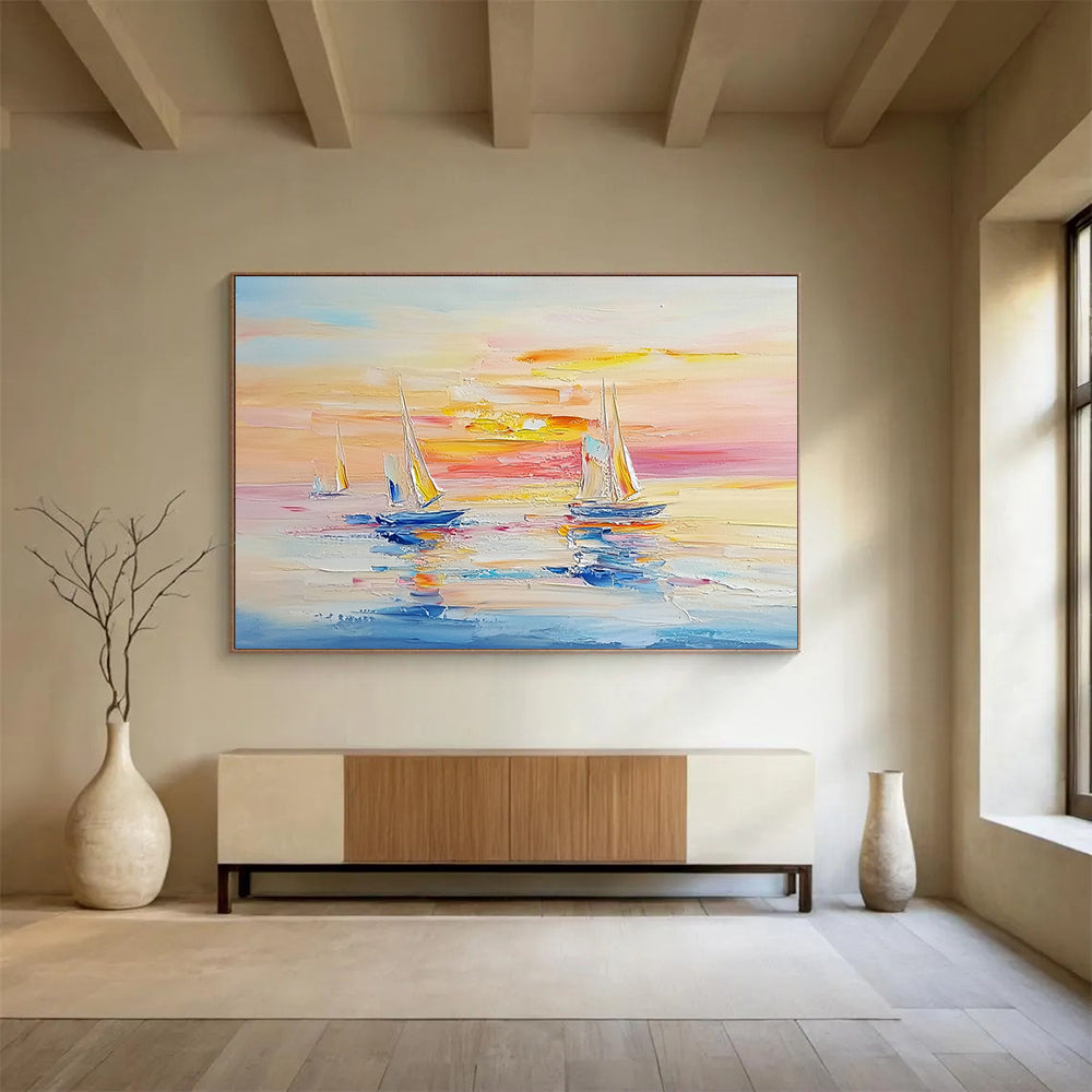 Sailboats at Sunset on Calm Waters - Impressionistic Seaside Painting On Canvas HB0454